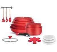 Arthur Martin, AMR94, batería de cocina de aluminio de 18 piezas con revestimiento antideslizante, que incluye sartenes, cacerolas, sartén para saltear, wok, tapas y utensilios - 20-28 cm, Rojo