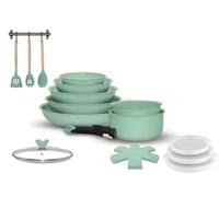 Arthur Martin, AMV18, batería de cocina de aluminio de 18 piezas con revestimiento grip, tapas de vidrio y utensilios de madera, compatible con todas las fuentes de calor, tamaño 20-22-26 cm, Verde