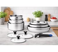 Arthur Martin - Batería de Cocina 8 Piezas Acero Inoxidable 18/10 - Apta Inducción - Sartenes Ø20/24/26 cm Cacerolas Ø16/18/20 cm - Tapas Cristal, Pico Vertedor
