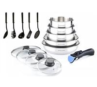Arthur Martin - Juego de Cocina de 15 Piezas en Acero Inoxidable, Compatible con Todas Las Fuentes de Calor, 2 Sartenes (24-26 cm), 3 Ollas (16-18-20 cm), 4 Tapas, Mango Extraíble, 5 Utensilios