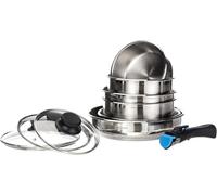 Arthur Martin - Juego de Cocina de 15 Piezas en Acero Inoxidable, Compatible con Todas Las Fuentes de Calor, 3 Sartenes (20-22-26 cm), 3 Cacerolas (16-18-20 cm), Tapas de Vidrio, Mango Extraíble