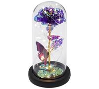 Artibetter Flor Preservada Rosa Hoja de Oro en Cúpula de Cristal Púrpura, Adorno Decorativo de Escritorio para Día Madre y San Valentín, Obsequio Floral Eterno Luz Cálida (sin Batería)