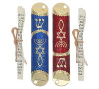 Artibetter Funda de Mezuzá Metálica para Puerta 2 Piezas con Rollo Decorativo Azul y Rojo, Estuche de Mezuzá de Bendición para Decoración y Obsequio Judío Hogar