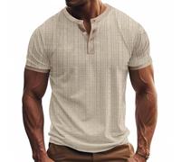 Articulación europea de lino de punto liso para hombre, transpirable, casual, holgado, cómodo, moderno, con botones, cuello abierto, camiseta de manga corta, reloj unisex, caqui, L
