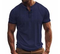 Articulación europea de lino de punto liso para hombre, transpirable, casual, holgado, cómodo, moderno, con botones, cuello abierto, camiseta de manga corta, reloj unisex, marine, M