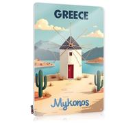 Artículos de baño, decoraciones de granja, molinos de viento de Mykonos, Grecia: un destino de ensueño, arte de pared rústico divertido (20 x 30 cm)