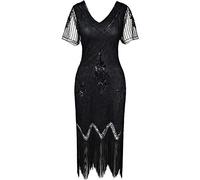 ArtiDeco 1920s Flapper Vestido con Cuello en V con Flecos y Lentejuelas 20s Vestido Disfraces Gran Gatsby Vestido con Cuentas Vintage XL