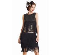 ArtiDeco - Vestido de Charleston estilo 1920 largo hasta la rodilla para mujer, vestido de fiesta de los años 20, vestido traje, Gatsby negro y dorado M-36/38/40