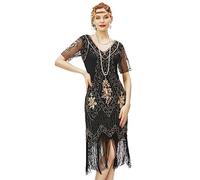 ArtiDeco - Vestido de mujer estilo años 20 con mangas cortas, disfraz de Gatsby para fiestas temáticas negro y dorado M