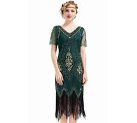 ArtiDeco - Vestido de mujer estilo años 20 con mangas cortas, disfraz de Gatsby para fiestas temáticas verde oscuro XL