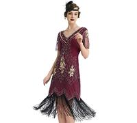 ArtiDeco - Vestido de mujer estilo años 20 con mangas cortas, disfraz de Gatsby para fiestas temáticas rojo dorado M-36/38/40