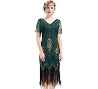 ArtiDeco - Vestido de mujer estilo años 20 con mangas cortas, disfraz de Gatsby para fiestas temáticas verde oscuro M-36/38/40