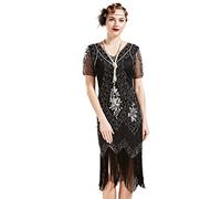 ArtiDeco - Vestido de Mujer Estilo años 20 con Mangas Cortas, Disfraz de Gatsby para Fiestas temáticas Negro/Plateado L