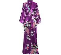 ArtiDeco Vestido Kimono Pijama de Seda Novia Kimono de Seda Ropa de Dormir de Satén Estampado Pavo Real