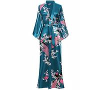 ArtiDeco Vestido Kimono Pijama de Seda Novia Kimono de Seda Ropa de dormir de Satén Estampado Pavo Real