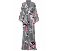ArtiDeco Vestido Kimono Pijama de Seda Novia Kimono de Seda Ropa de dormir de Satén Estampado Pavo Real