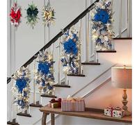 Artificial Christmas Teardrop Swag for Stair Decoration, Cordless Stairway Teardrop Trim Wreath with Lights, Outdoor Front Door Xmas Garland with Berries Bow Ball Ornaments for Home Garden Decor