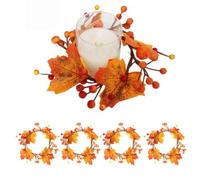Artificial Fall Candle Rings with Maple Leaves,Decorative Leaf Pumpkin Berries Candle Wreath,Taper Candlestick Wreath Decor for Thanksgiving Christmas Wedding Holiday