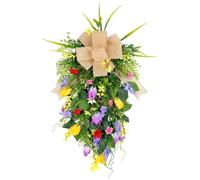 Artificial Floral Summer Colorful Tulip Teardrop Wreath,Farmhouse Wildflowers Front Door Hanging Swag Wreath,UV Resistant Artificial Flowers Welcome Sign,for Window,Wall,Home Decor