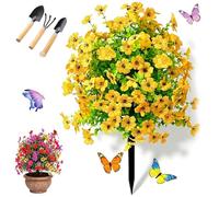 Artificial Flowers Outdoor with Ground Stake, UV Resistant Realistic Morning Glory Bush Yard Stakes, 22" Realistic Artificial Flowers for Outdoors for Garden, Yard, Planter and Porch (Yellow)