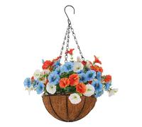 Artificial Hanging Basket, Lifelike Faux Greenery Vines, UV Resistant Silk Flowers No Watering, 1x Rattan Pot Arrangement for Wedding Porch Balcony Patio and Garden
