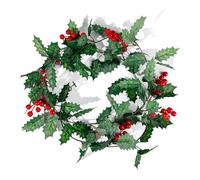 Artificial Holly Leaves Vine Garland Red Berries Wreath Hanging Ornament For DIY Xmas Tree Home Party Decors(B(not light))