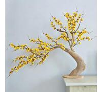 Artificial Yellow Wintersweet Tree, Curved Fake Plum Blossom Bonsai Natural Solid Wood Trunk Tabletop Simulation Floral Decor for Home Tea Room Desk Ornament(3.5M)