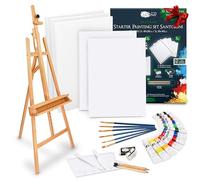 Artina - Kit de pintura 30 piezas con caballete de madera Barcelona + bastidores set Santorini - Set de acrílicos, pinceles y lienzos hasta 120cm, para iniciación y artistas aficionados
