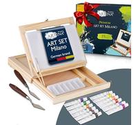 Artina Milano - Kit de pintura - Lote con caja de madera, 19 unidades - Estuche con maletín de caballete, lienzo, 12 x 12 ml, colores acrílicos, pincel