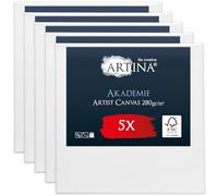Artina Set de 5 Lienzos blancos Akademie con certificación FSC® - 20x20cm 100% algodón Lienzo y Bastidor Blancos - 280g/m² - no se deforma - prepintado con pintura blanca.