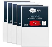 Artina Set de 5 Lienzos blancos Akademie con certificación FSC® - 20x30 cm 100% algodón Lienzo y Bastidor Blancos - 280g/m² - no se deforma - prepintado con pintura blanca.