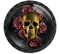 Artinhand Paquete de 4 pomos redondos de calavera dorada gótica con rosas rojas, tiradores de cajones negros, manijas de puerta de armario, accesorios para armarios de cocina y baño