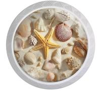 Artinhand Paquete de 4 pomos redondos de conchas marinas y estrellas de mar para cajones, pomos blancos para puertas de armario, accesorios para armarios de cocina y baño