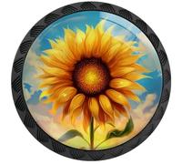 Artinhand Paquete de 4 pomos redondos de girasol vibrantes, tiradores de cajones negros, manijas de puerta de armario, accesorios para armarios de cocina y baño