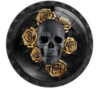 Artinhand Paquete de 4 pomos redondos góticos de calavera negra con rosas doradas, tiradores de cajones negros, manijas de puerta de armario, accesorios para armarios de cocina y baño