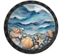 Artinhand Paquete de 4 pomos redondos para cajones de cocina, baño, estilo océano, con diseño de conchas marinas y olas azules