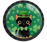 Artinhand Paquete de 4 tiradores redondos para cajones y armarios, diseño de trébol verde del Día de San Patricio, diseño de trébol verde y gato irlandés, accesorios para armarios de cocina y baño