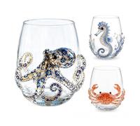 Artisanal Blue Ringed Octopus Glassware, 3D Octopuses Stemless Wine Glasses, Coastal Home Bar Accessories, Unique Ocean Lover Gift (3 Pcs)
