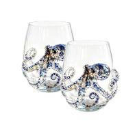 Artisanal Blue Ringged Octopus Glassware, Unique Ocean Themed Wine Glass, 3D Handmade Octopus Wine Glasses, Marine Animal Inspired Ocean Decor for Home Bar Gift (Clear-A-2pcs)
