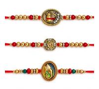 ARTISENIA Raksha Bandhan - Juego de 3 Rakhi para hermano con tarjeta de felicitación Raksha Bandhan y Roli Chawal Tika | Kalash Om Rakhi para hermano | Ganesh Rakhi para hermano pequeño Bhaiya | Hilo