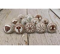 ARTISNO Hermosos Pomos de Cerámica - Juego de 12 Pomos Redondos Decorativos Marrón y Blanco para Cajón de Gabinete de Cocina | Elegantes Tiradores de Armario y Tocador Estilo Vikingo con Acabado