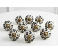 ARTISNO Pomos de cerámica para armarios - Juego de 10 elegantes pomos decorativos en diseño de hoja en color blanco y negro, pintados a mano, estilo boho, para cocina, armario, cajones, elegantes