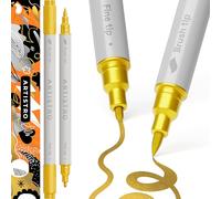 ARTISTRO 2 Gold Acrylic Paint Pens Dual-Tip Brush+Fine for Fabric & Rock
