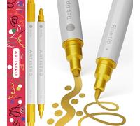 Artistro 2 Rotuladores Acrílicos Dorados, Punta Doble (Fina 1 mm + Punto 5 mm) para Tela, Lienzo, Piedra, Vidrio, Madera, Papel, Manualidades, Niños y Adultos
