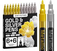 Artistro Rotuladores Metálicos Dorados y Plateados para Pinturas Rupestres, Piedra, Cerámica, Cristal, Madera, Tela, Lienzo - 6 Rotuladores Acrílicos Dorados y 6 Plateados con Punta Extra Fina 0.7mm