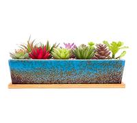 ARTKETTY Maceta para suculentas de 30,7 cm con Bandeja de Drenaje, macetero Rectangular Largo de cerámica para Cactus o bonsái, Jardinera de Ventana para decoración de hogar o jardín (Azul)