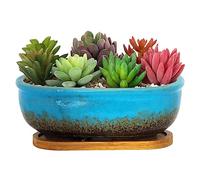 ARTKETTY Maceta Rectangular de 20 cm para Plantas de Interior, Maceta de cerámica para bonsái con Bandeja de Drenaje, Maceta pequeña para el hogar, jardín, Ventana