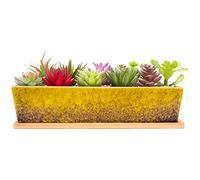 ARTKETTY Macetas de cerámica para suculentas de 30 cm, Modernas, largas, rectangulares, con Bandeja, Cactus Bonsai con Drenaje, para Interiores y Exteriores, decoración del hogar