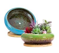 ARTKETTY Macetas, macetas Grandes para Plantas suculentas con Drenaje Pack de 2, macetas Poco Profundas para bonsáis con bandejas Macetas de cerámica para Plantas de Interior Cactus