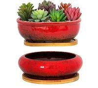 ARTKETTY Macetas suculentas, macetas de cerámica para suculentas con bandeja de bambú de drenaje, 1 maceta rectangular + 1 maceta redonda para plantas de interior de cactus bonsái para el hogar (rojo)